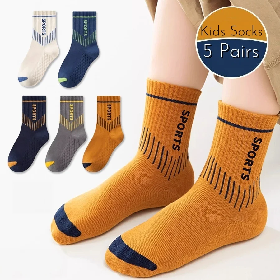 5 Pairs Kids Sports Crew Socks Boys Cotton Socks Breathable Non-slip Mid Calf Children Socks For Daily Wear