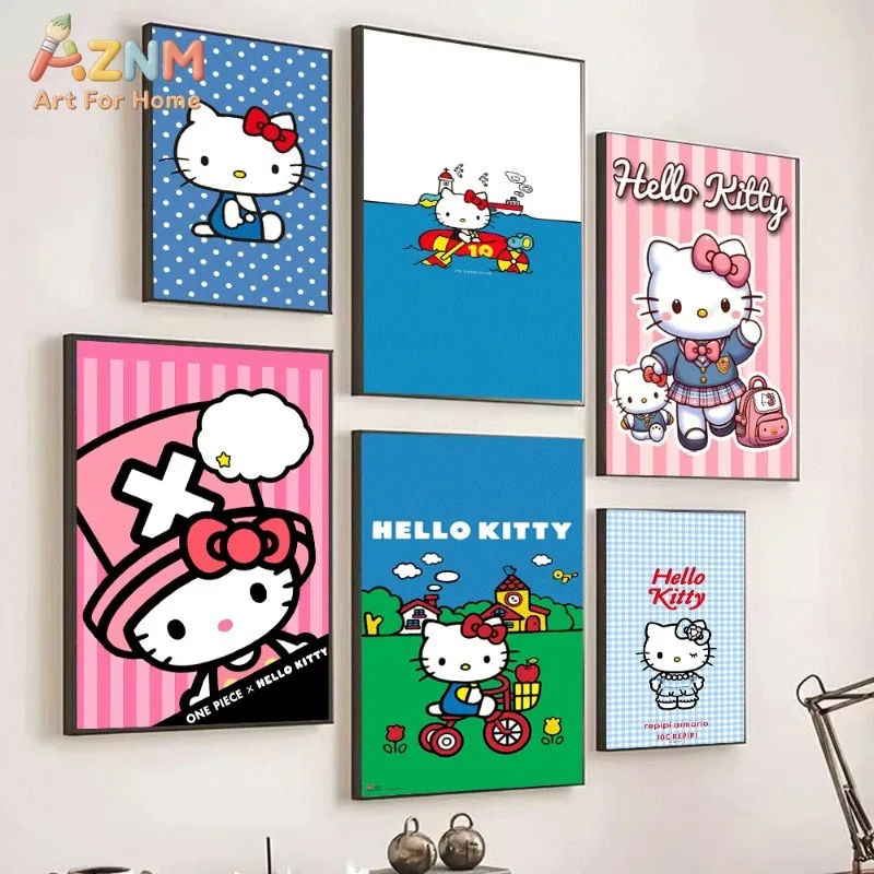 Hello Kitty Canvas Poster Cute Sanrio Cartoon Print Unframed Canvas Art Blue Polka Dot Sailor Nurse Sweet Kawaii Aesthetic Wall