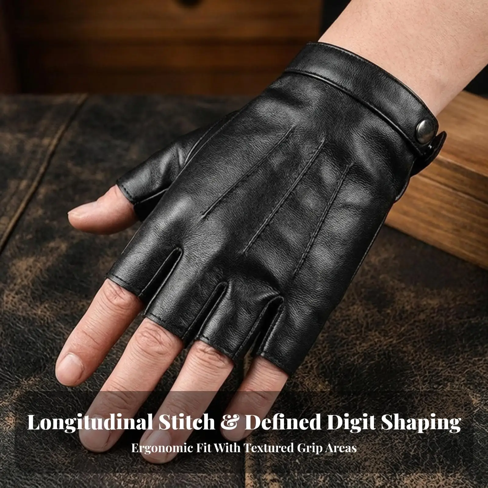 Gold Half Finger Gloves for Men PU Leather Three Line Stitching Motorcycle Biking Driving Fingerless Glove