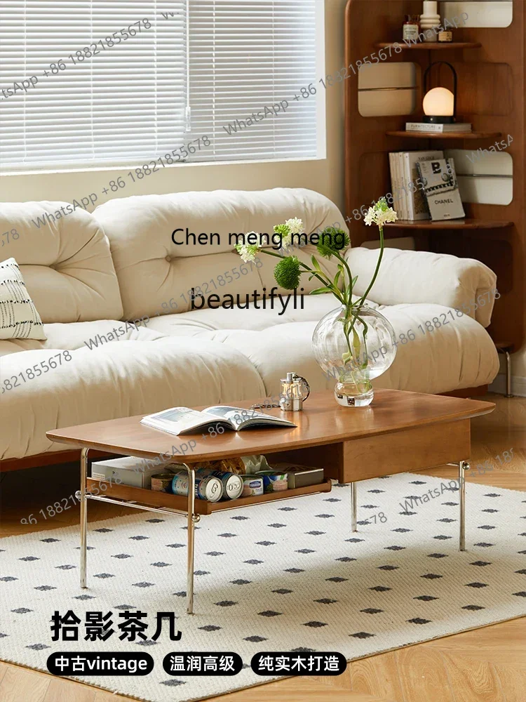 

Журнальный столик из цельного дерева в скандинавском стиле, простой домашний чайный столик в стиле ретро для гостиной, стол из нержавеющей стали