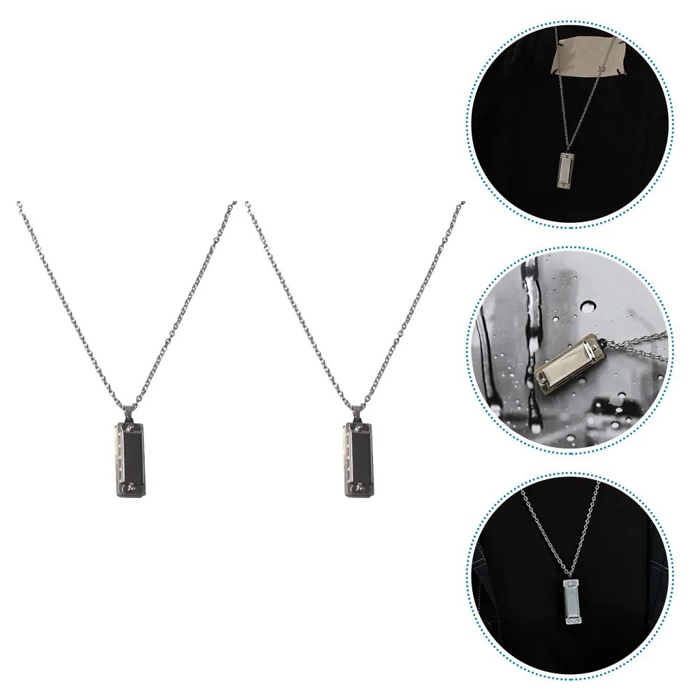 

2 Pcs Harmonica Necklace Small Pendant Portable Mens Music Stainless Steel Mini Man Decor