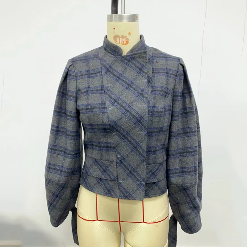 Women Vintage Plaid Office Party 2 Piece Sets Stand Collar Double Breasted Bubble Sleeves Jacket & High Waisted Midi Skirt Suits view 4