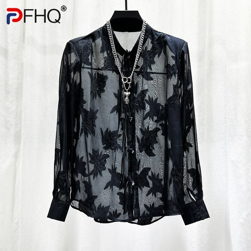 

PFHQ Chinese Style Gauze Mesh Male Shirts Summer Long Sleeved Personalized Jacquard Perspective Sexy Luxury Men's Tops 21Z4943