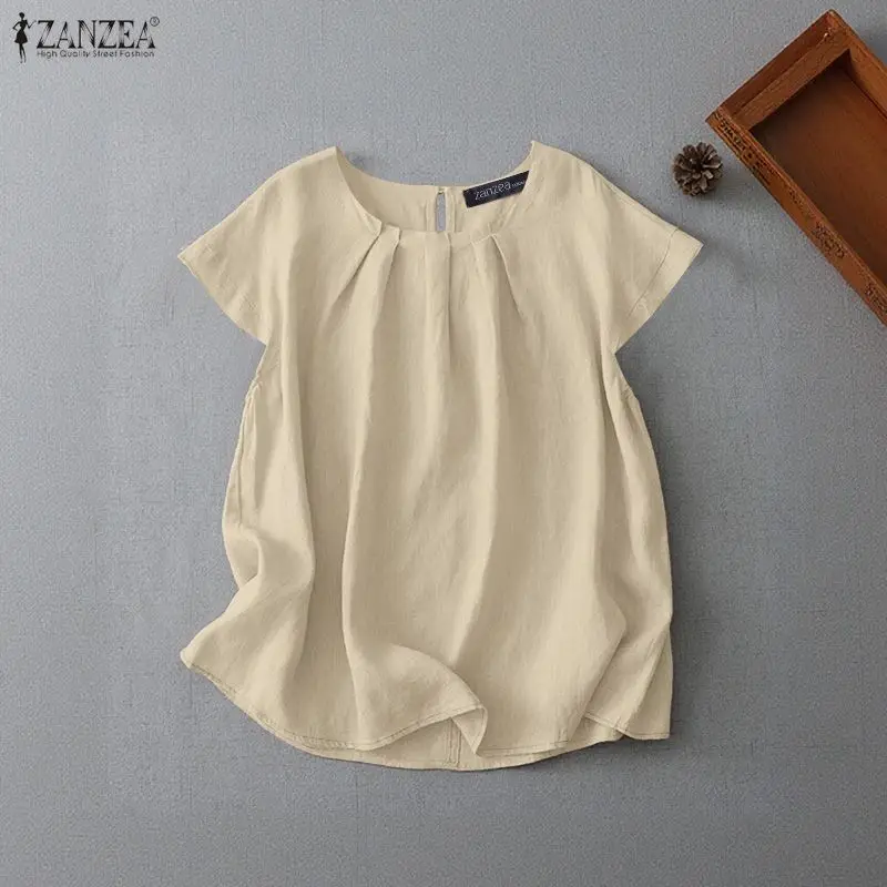 ZANZEA Women Summer Blouse Casual Solid Color Work Shirt Female Vintage Cotton Tops O Neck Short Sleeve Loose Blusas Tunic Mujer