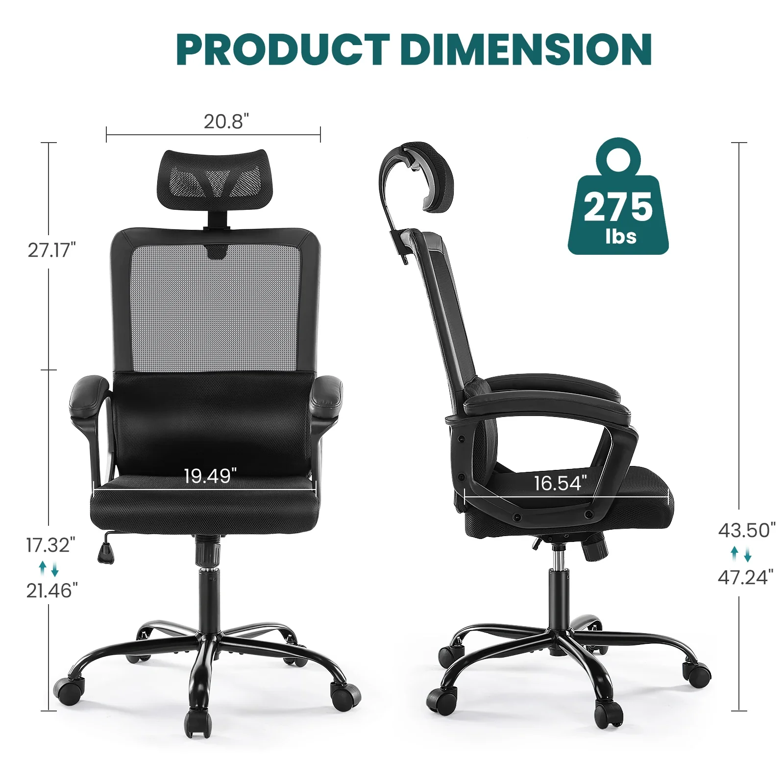 Ergonomic Office Desk Chairs Adjustable Height Headrest Computer Gaming Chair Black Lumbar Support Comfy Seat Armchair