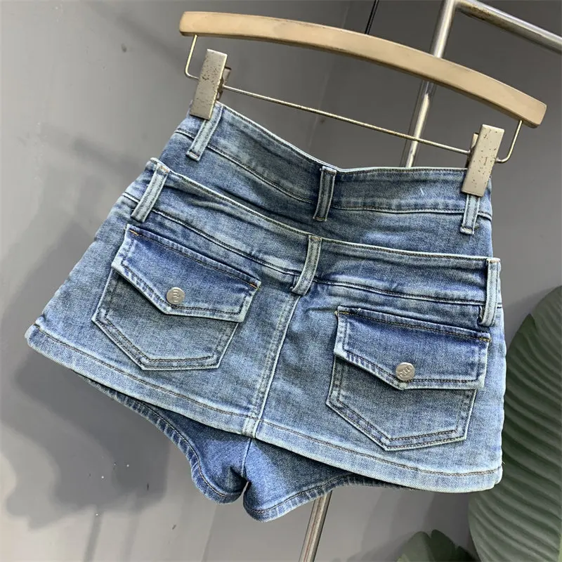 Fake Two-piece Spliced Denim Skirt For Women American Casual Fashion Washed Retro Summer A-line Single Breasted Short Skirts