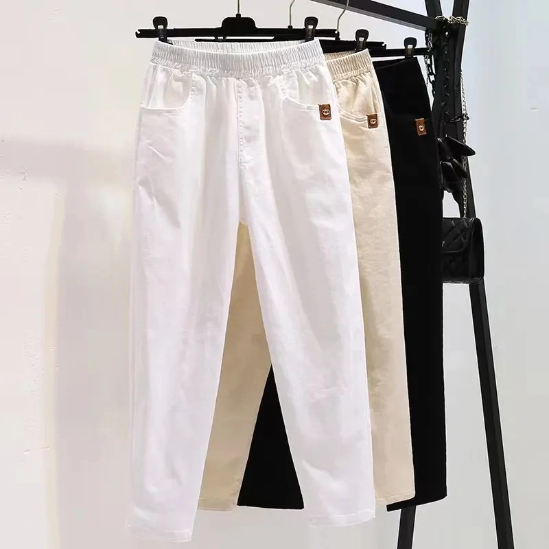 

White Casual Pants Female Cotton Spring Summer 2024 New Loose Joker Slim Nine Harem Pants Women Short Radish Pants Ladies