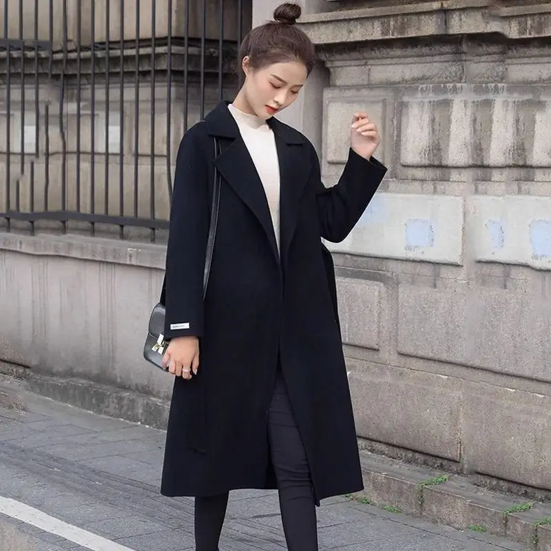 Autumn Winter Fashion Turn-down Collar Long Sleeve Solid Trench Women's Clothing Lacing Medium Long Styles Whisper High-end Tops