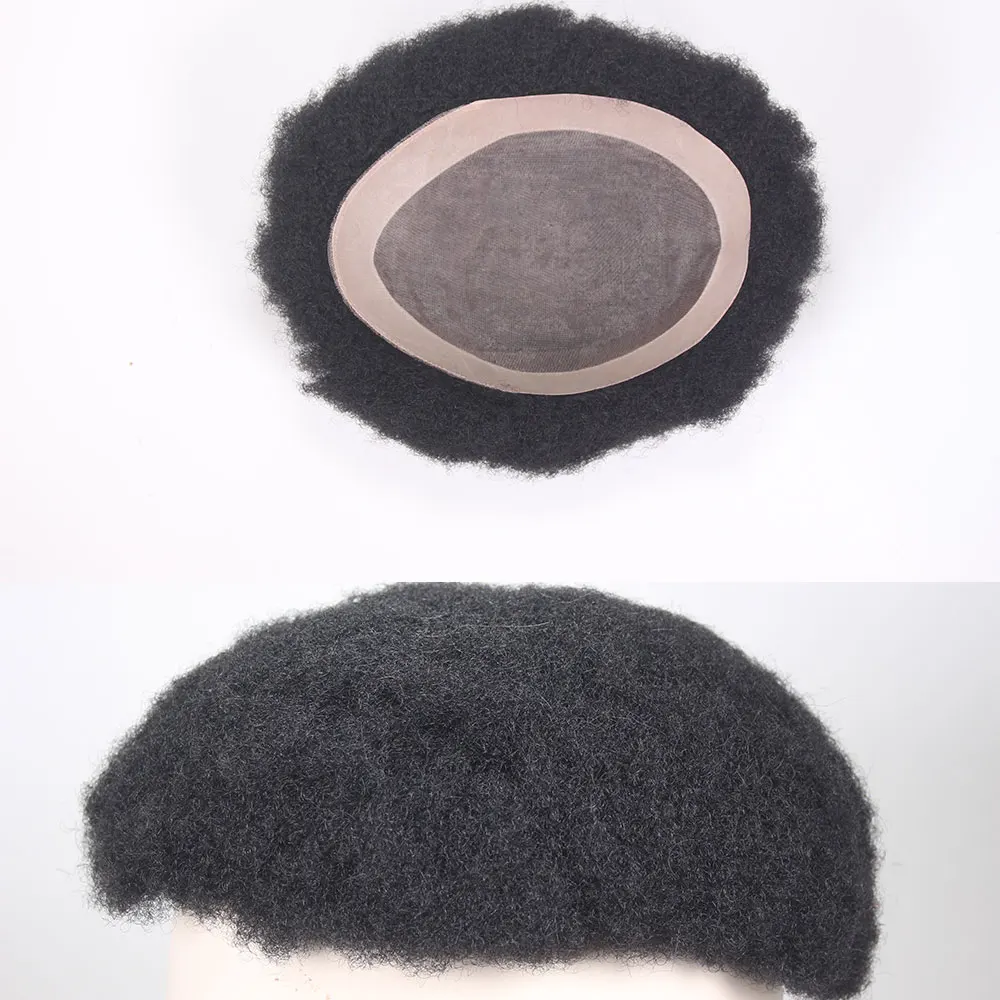 

Afro Black Men's 4MM Human Hair Toupee Curly Wigs African American 100% Natural Hair Replacement Piece Black 1b# color 8x10"