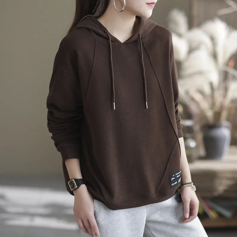 Vintage Hoodie For Women Spring Fall Fashion Chic Patches Solid Color Simple Basic Pullovers Long Sleeve Loose Casual Daily Tops