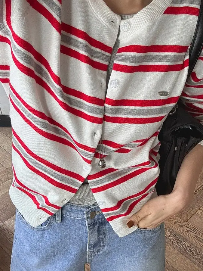 

Женский кардиган в полоску Women Striped Knit Cardigan Long Sleeve Crew Neck Button Down Loose Fit Lightweight Spring Autumn