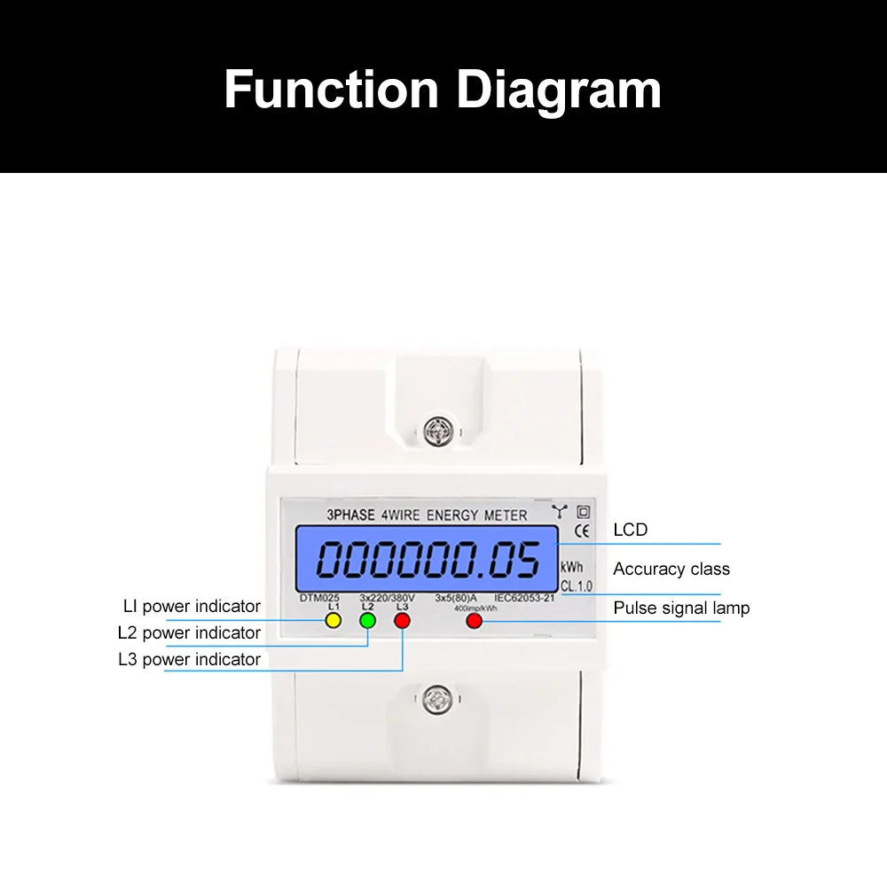 3 Phase 4 Wire Energy Meter 220/380V 5-80A Energy Consumption kWh Meter DIN Rail Installation Digital Electric Power Meter