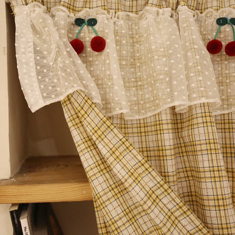 Yellow Checkered Half Curtain with Cherry Lace Decoration No Punching Blackout Bay Window Decor Door Kitchen Partition