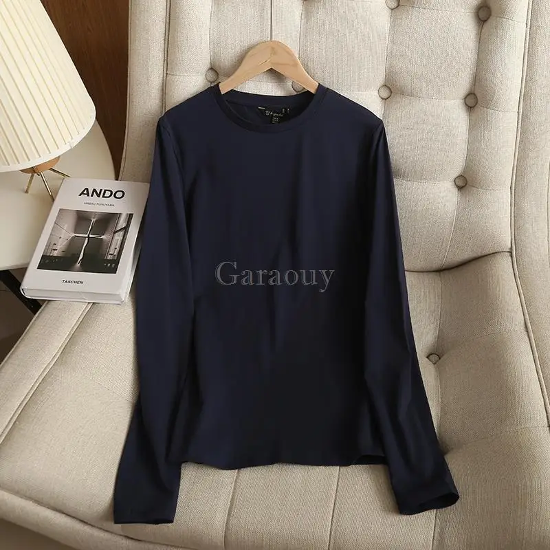 Garaouy 2023 Spring Slim Elastic Long Sleeve Solid T-Shirts Versatile White Black Basic Tees Female Bottoming Shirt Tops Mujer