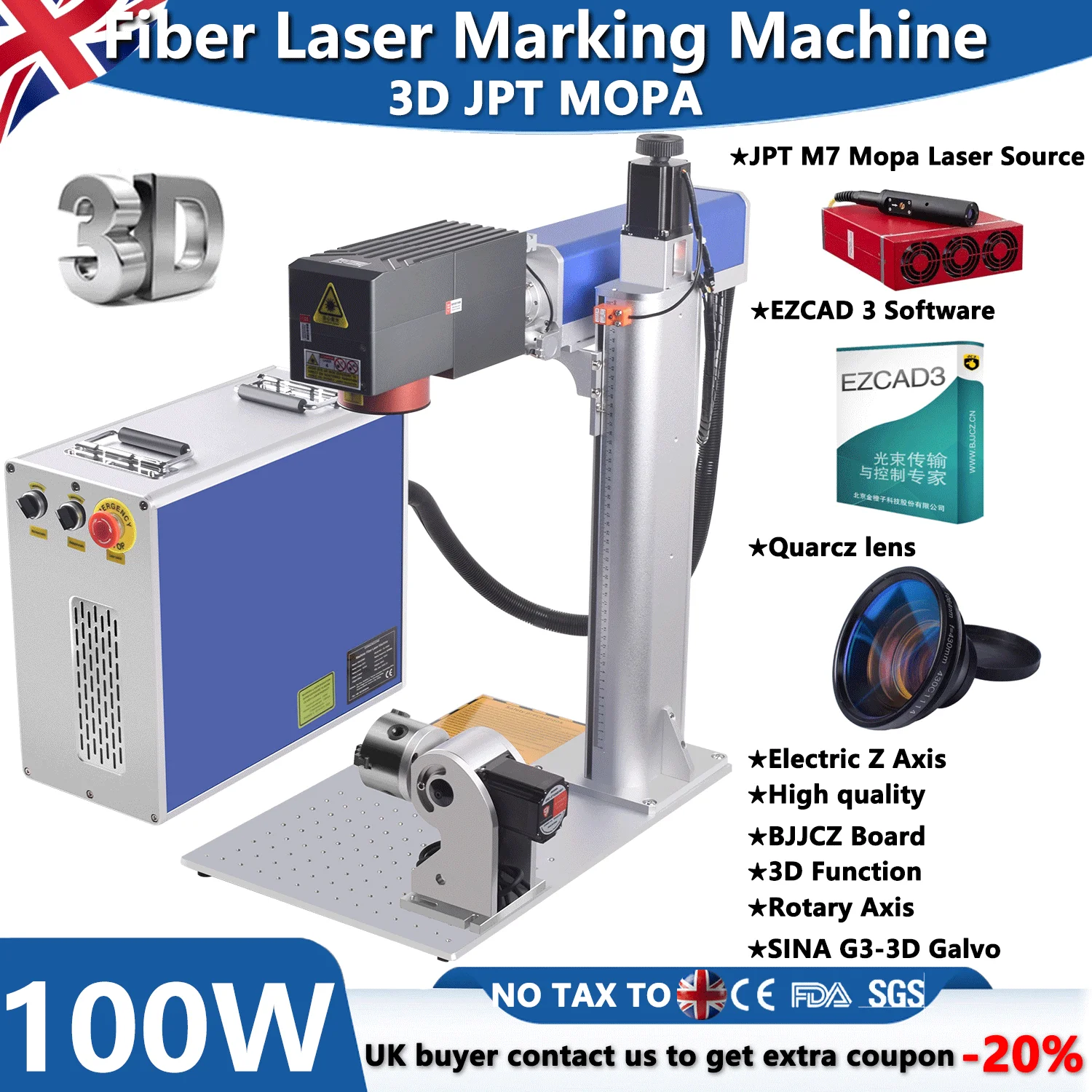 100W 3D JPT MOPA Rilievo Incisore Macchina per marcatura laser a fibra Taglio profondo Incisione per pistole metalliche Gioielli EZCAD3 Software