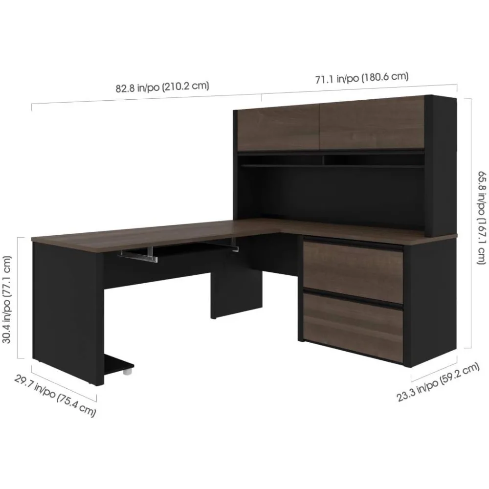 Office Setup Desk Accessory Furniture L-Shaped Desk with Hutch and Lateral File Cabinet, 72W, Antigua & Black