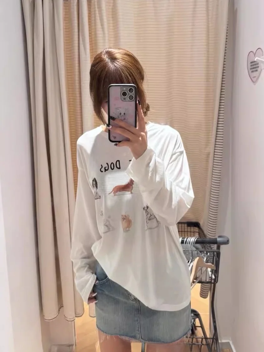 เสื้อยืดแขนยาวทรงหลวมสไตล์ลำลองสำหรับผู้หญิง ผ้าคอตตอนผสมโพลีเอสเตอร์ พิมพ์ลาย โปร่งแสงเล็กน้อย รุ่น East Today Heat Thin Long Sve T-irt