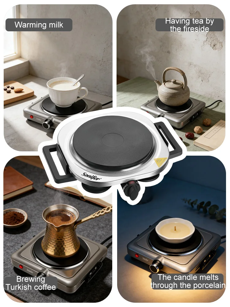 Sonifer SF-3076 Electric Hot Plate 1500W Single Burner with Foldable Handle 185mm Stainless Steel Panel Countertop Cooktop 220V