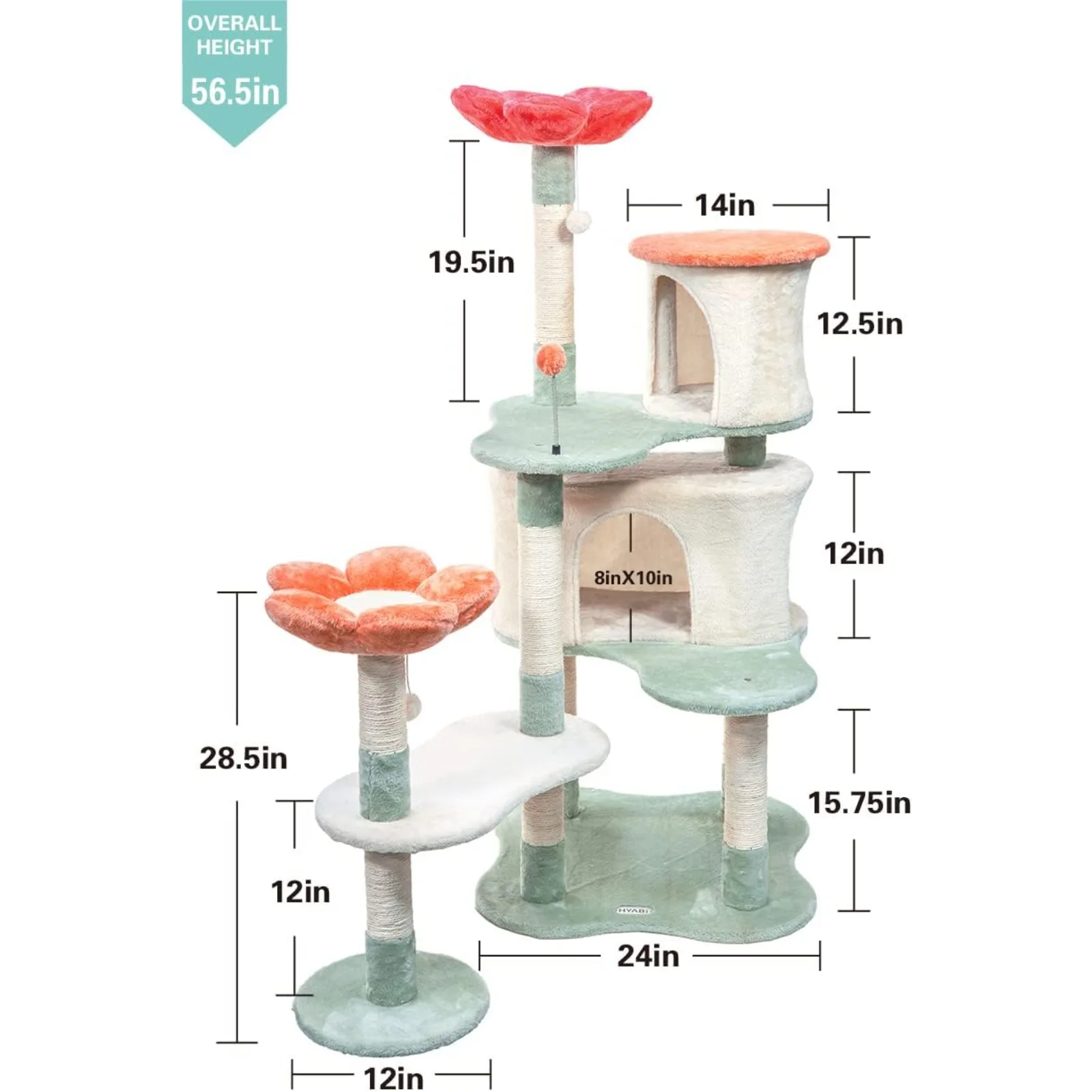 US 56.3in Flower Collapsible Cat Tree Tower Condo Furniture Apartment Plush Habitat Kitten Amusement Platform with Scratch Posts