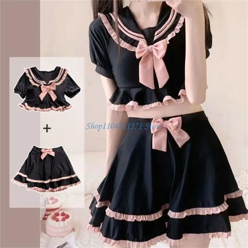 P9FC Students Bows Swimsuits Two Pcs Split Bathing Suit School Girl Swimsuit Top Skirt Set Ruffle Swimwear for Beachwear