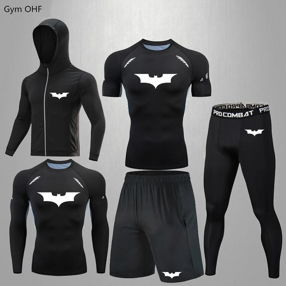 Rashgarda Men's Fitness Second Skin Compression Shirts Sets Der-Man 5-Piece Sports Suits Gym Leggings Workout Running Shorts Set