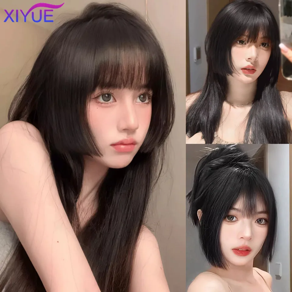 XIYUE Peluca con flequillo princesa cortada en cabello sintético sin rastro en la parte superior de la cabeza aumentar el volumen del cabello parche