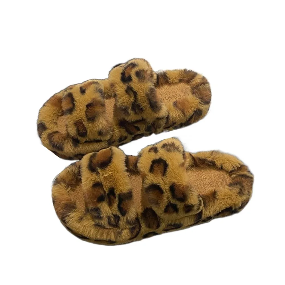 

Thick Sole Leopard Print Plush Slippers PVC Non-Slip Warm Fur Slippers Fluffy Indoor Outdoor Y2k Leopard Slippers Fall/Winter