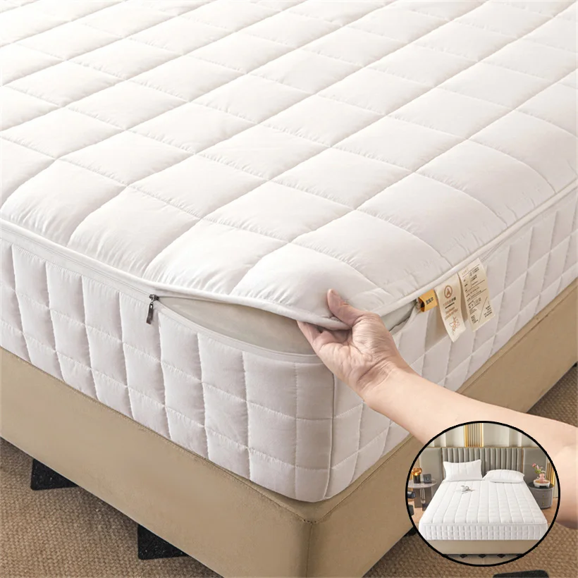 

Six Sides Mattress Cover with Zipper Quilted Mattress Protector All Inclusive Mattress Pad Breathable Fluffy Bed Fitted Sheet