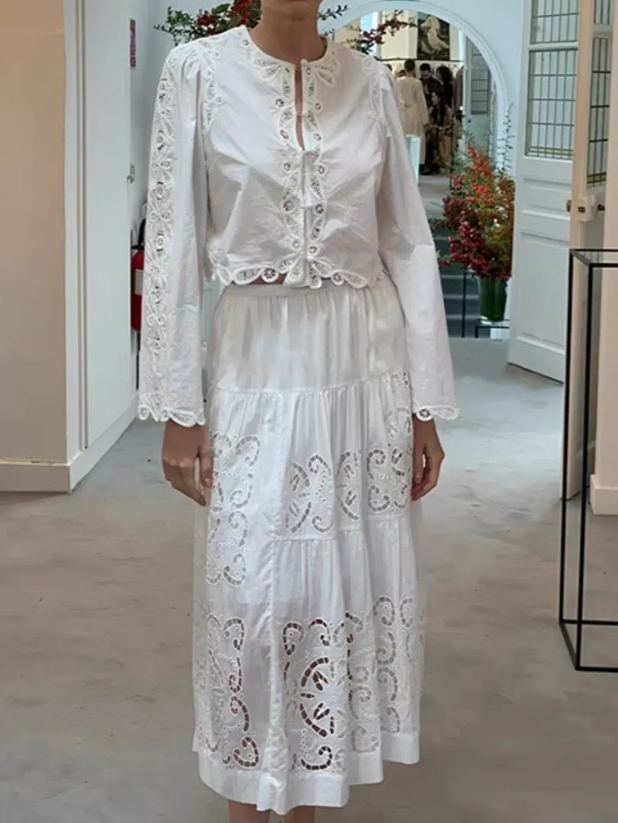 Women Embroidery White Midi Skirt Hollow Out Elastic Waist A-Line Loose Female Cotton Jupe