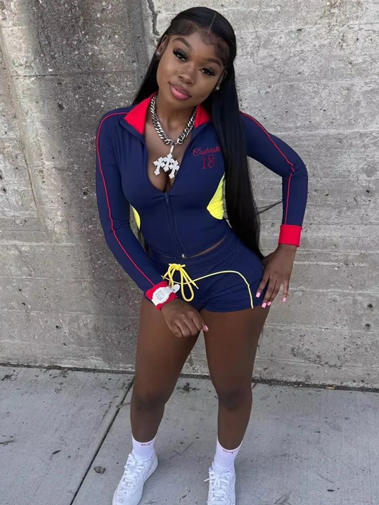 

Weird Puss Casual Tracksuit 2-Piece Set Women Patchwork Zip Letter Print Jacket+Drawstring Shorts Matching Simple Sporty Outfit