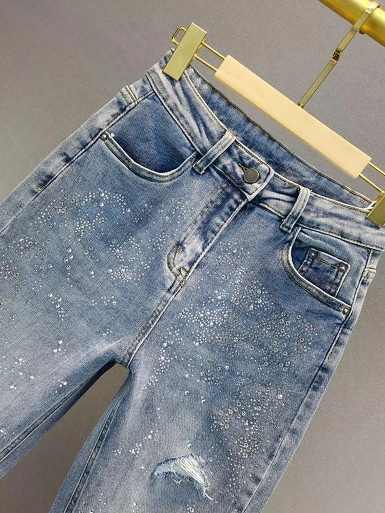 Jeans Rhinestone Washed Ripped Distressed Women Summer New High Waist Loose Slimming Harem Slouchy Baggy Casual Trousers