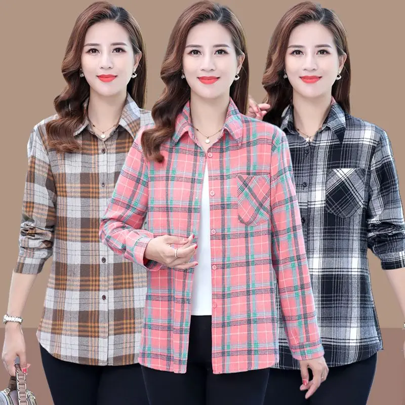 

Spring Summer New Plaid Cotton irt Collared Outerwear for Middle-Aged Women Casual Loose Fit Long Sve Ne Design