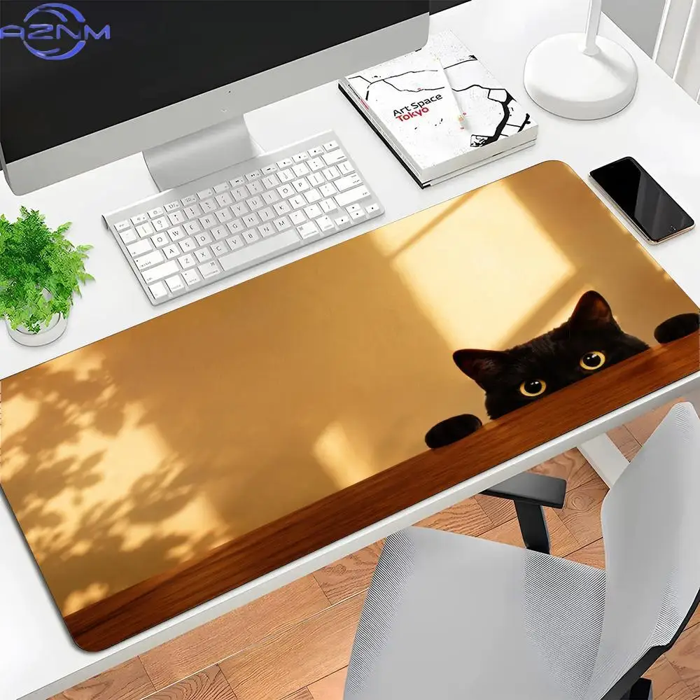 Cute Cartoon Peekaboo Black Cat Large Desk Mat Non‑Slip Rubber Mousepad for Bedroom Learning Office Desktop Decor