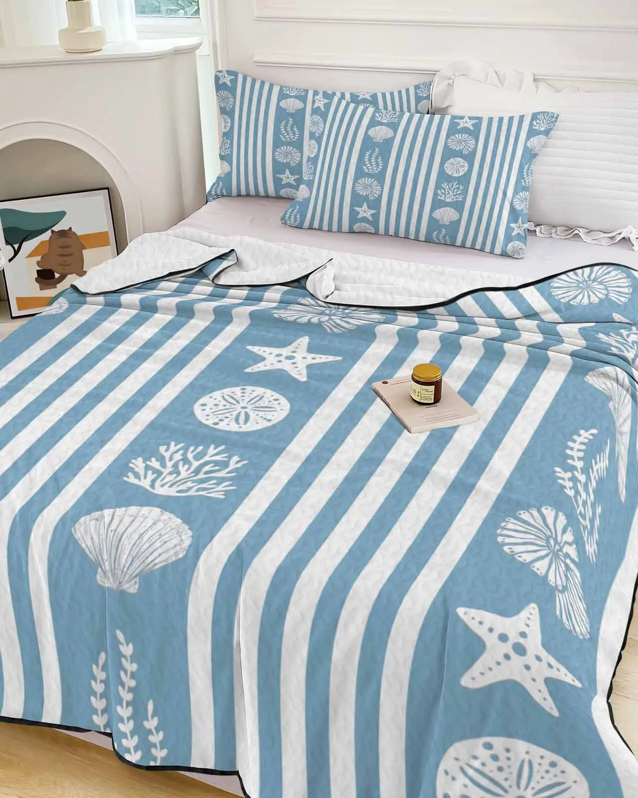 

Ocean Striped Starfish Shell Jellyfish Coral Blue Summer Cooling Quilt Air Condition Blanket Comfortable Lightweight Thin Quilt