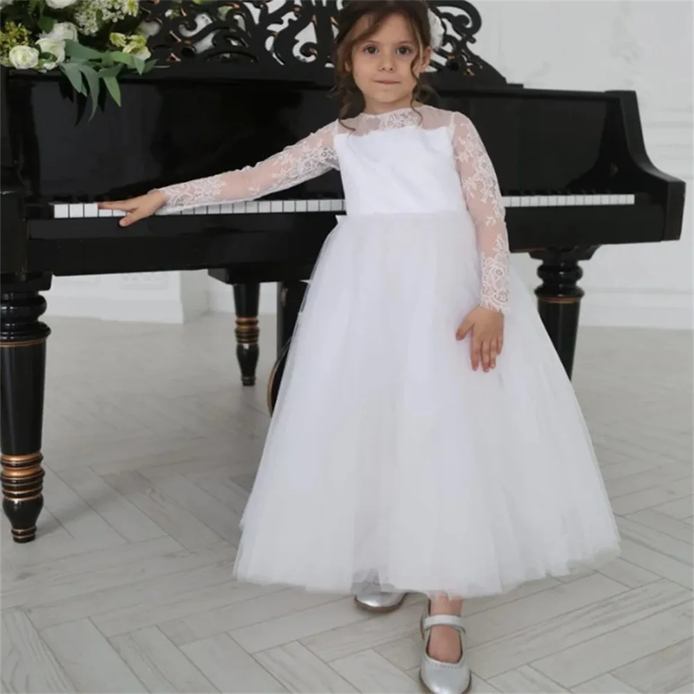 

White Lace Appliqué Flower Girl Dress Trailer Wedding Pearls Party Dress For Girls First Communion Customize Attended Princess