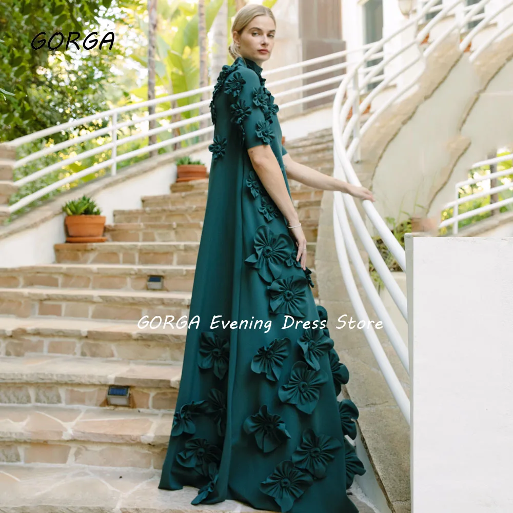 GORGA Green High Neck 3D Flowers Evening Dresses Arabia Crepe Half Sleeve Straight Formal Occasion Dress Floor-Length Party Gown