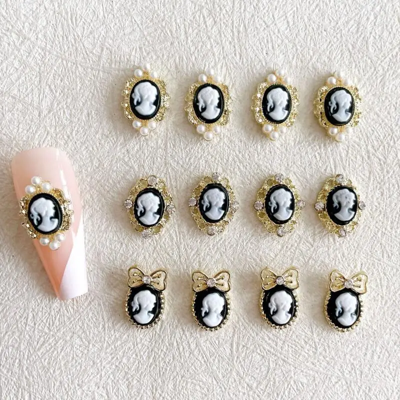 10pcs Vintage Alloy Baroque Angel Beauty Head Nail Charms With Diamond Pearl Nail Art Deco DIY Accessories