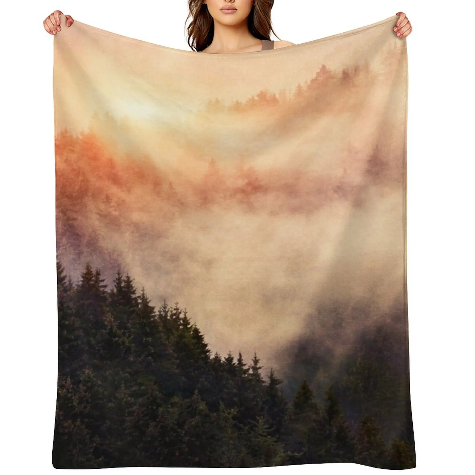 In My Other World // Sunrise In A Romantic Misty Foggy Autumn Fairytale Wilderness Forest With Trees Covered In Fo Throw Blanket
