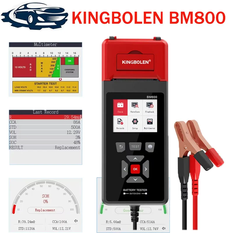 

KINGBOLEN BM800 Car Battery Tester with Print function 6V 12V 24V Battery Analyzer Cranking Test Charging Test Max Load