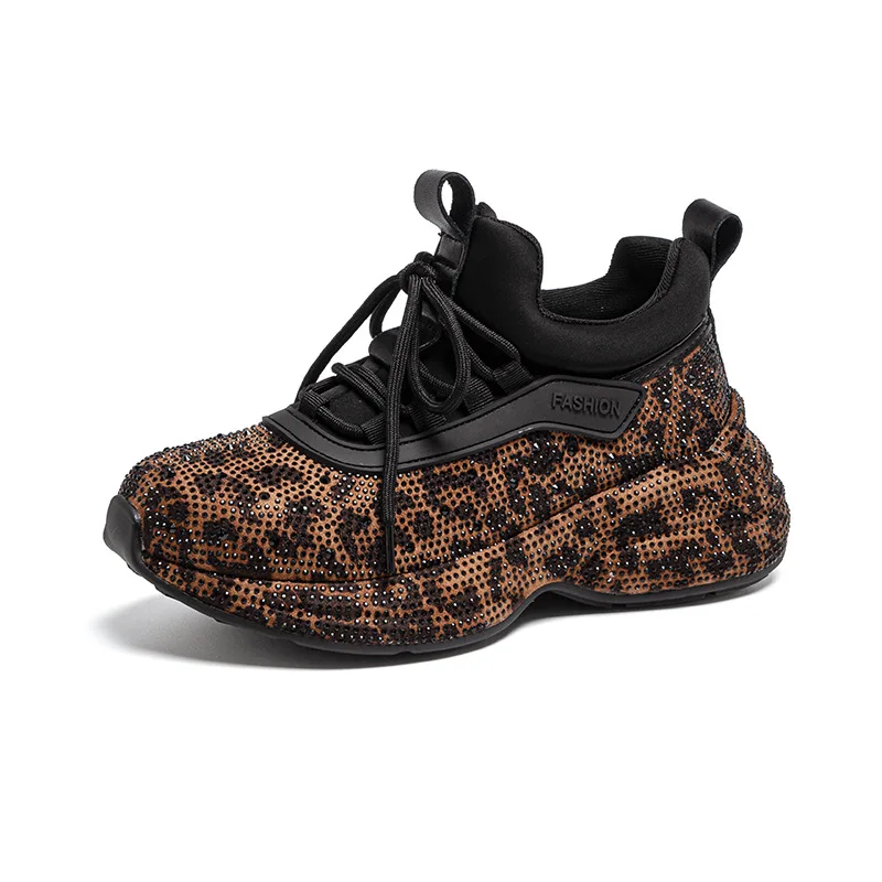 2026 Spring Women Ins Super Fire Full Diamond Straps Casual Leopard Print Gold Niche Design Handsome Water Dad Shoes