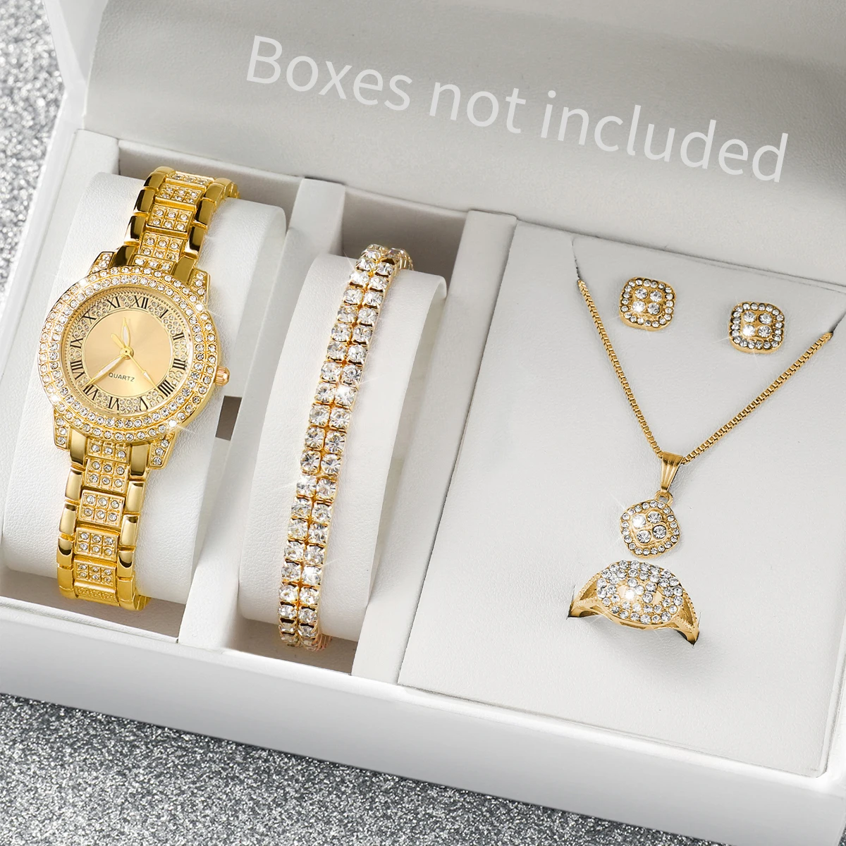6PCS/Set Women\'s Watch Fashion Rhinestone Roma Dial Quartz Watch Steel Band Wristwatches Diamond JewelrySet(Without Box)