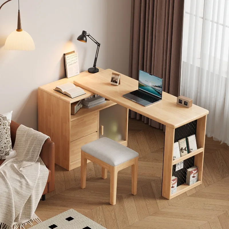 Solid wood corner desk with bucket cabinet integrated bookcase small apartment bedroom home study student computer