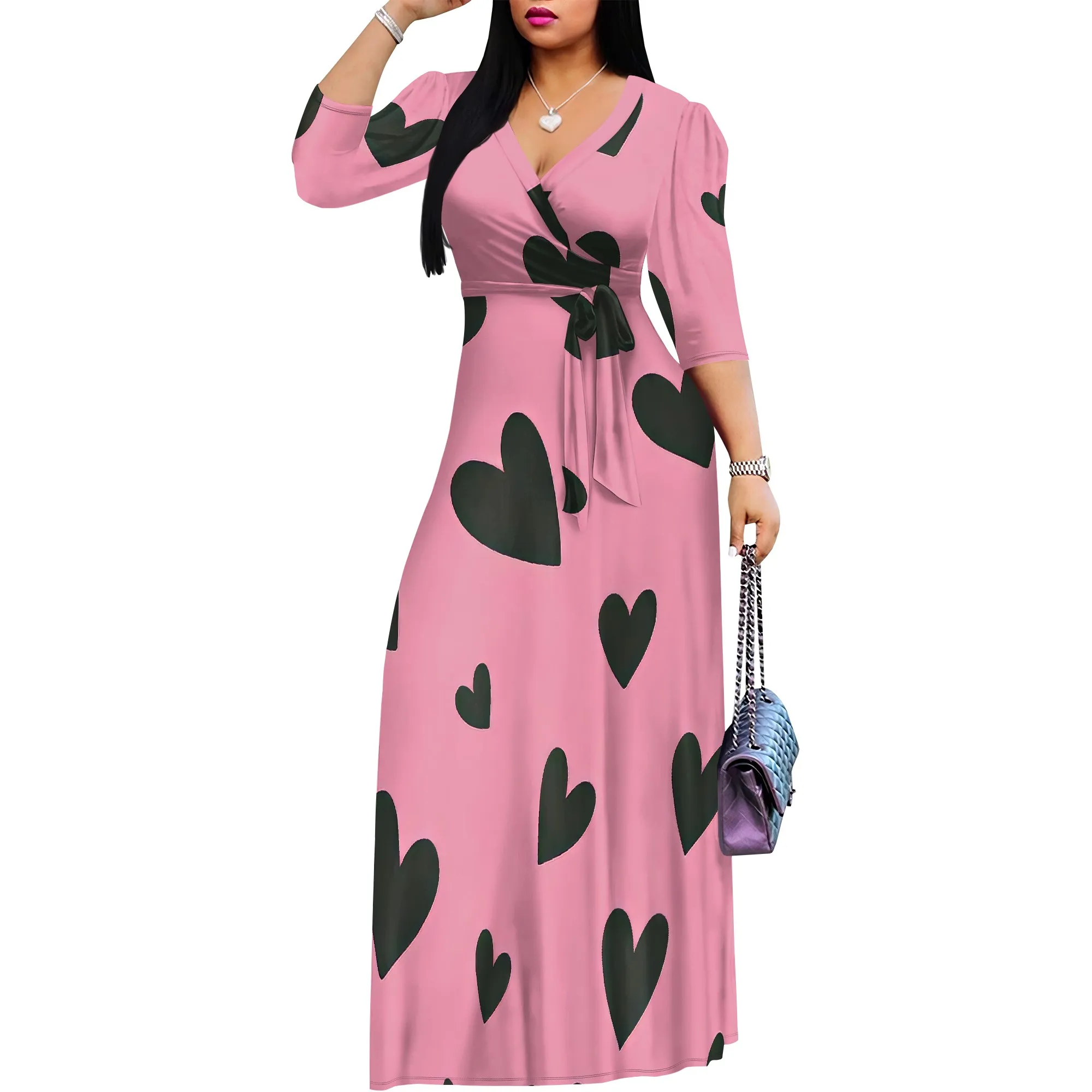 

Plus Size Dresses for Curvy Women Casual Long Maxi Cocktail Party Dress V Neck 3/4 Sleeve with Belt Sundress Empire Waist