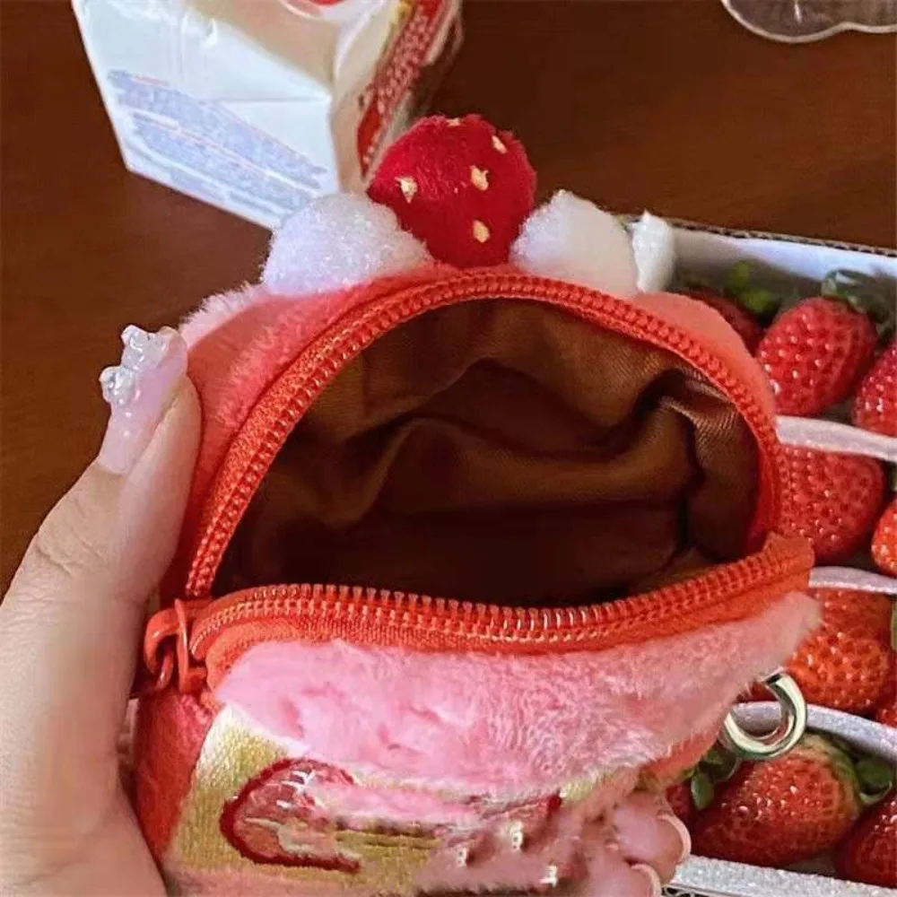 Cute Plush Strawberry Cake Coin Purse Zipper With Keychain Pendant Money Bag Mini Pink Storage Bag