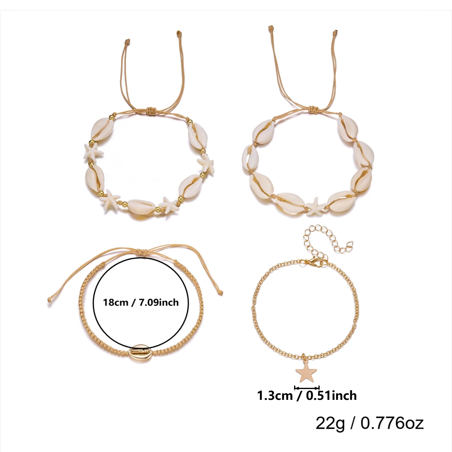 Mehrschichtiges Seestern-Muschel-Fußkettchen-Set für Damen, minimalistisches Stern-Anhänger-Armband aus handgeflochtenem Seil für den Fuß, Sommer-Sandalen-Schmuck – Detail 5