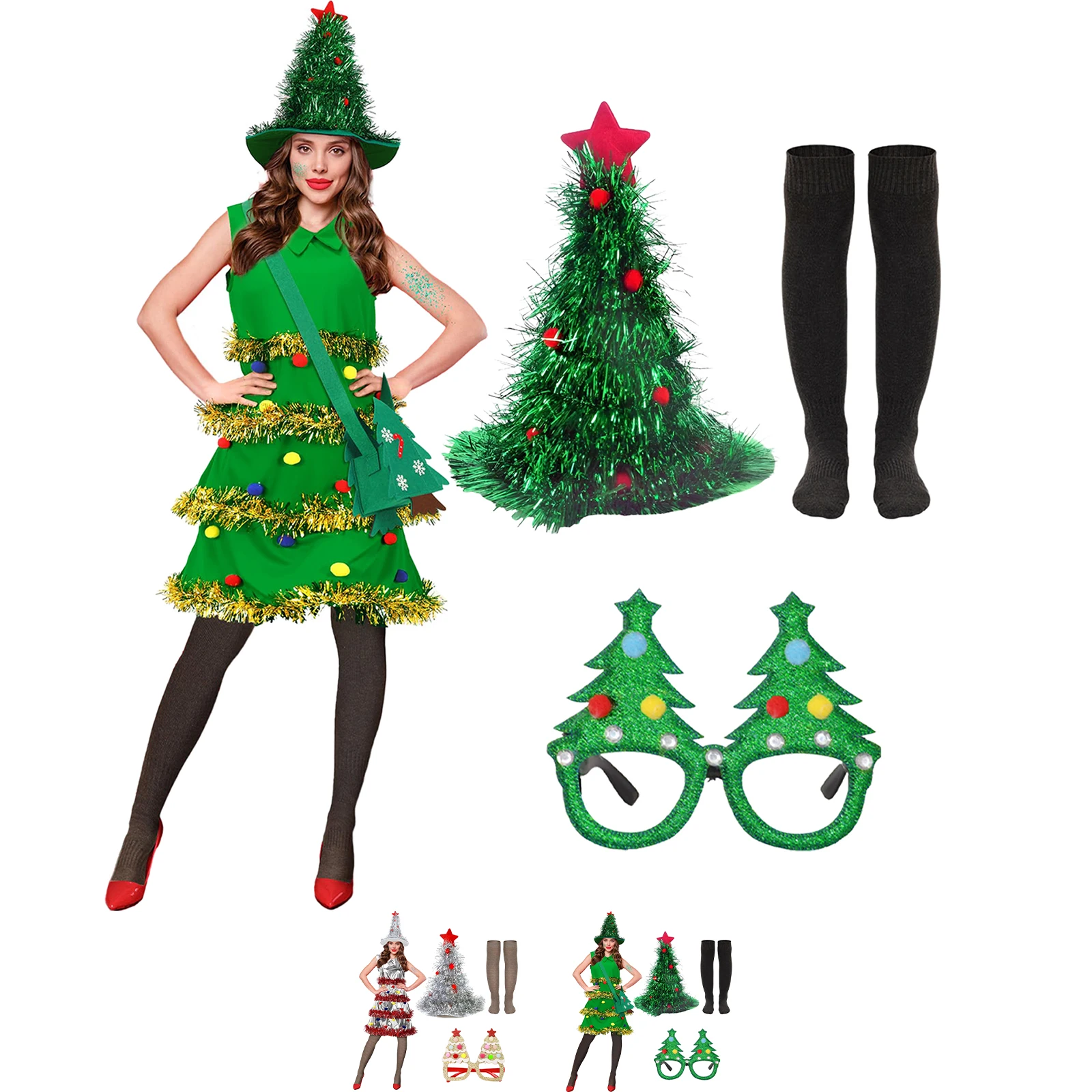 Christmas Tree Costume Set Include Christmas Hat Glasses Socks For Festival Family Gathering Christmas Party （No Clothes）