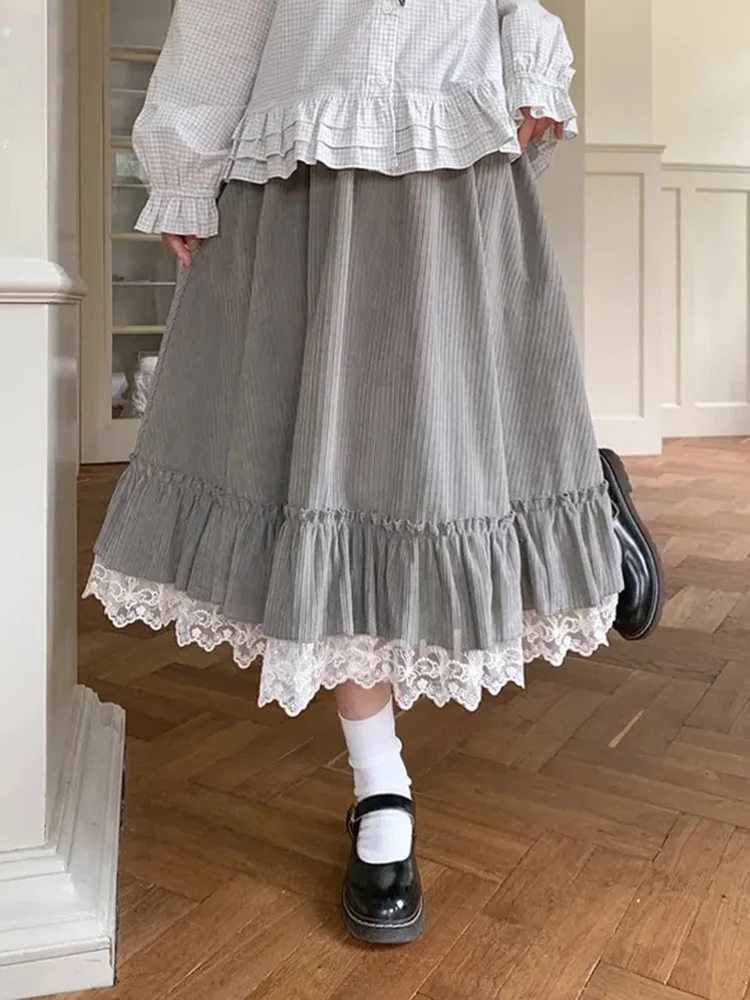 Spring Sweet Cute Long Skirt Women Vintage Preppy Style Lace Patchwork Kawaii Skirts Japan Retro Casual Lady Elegant Long Skirts