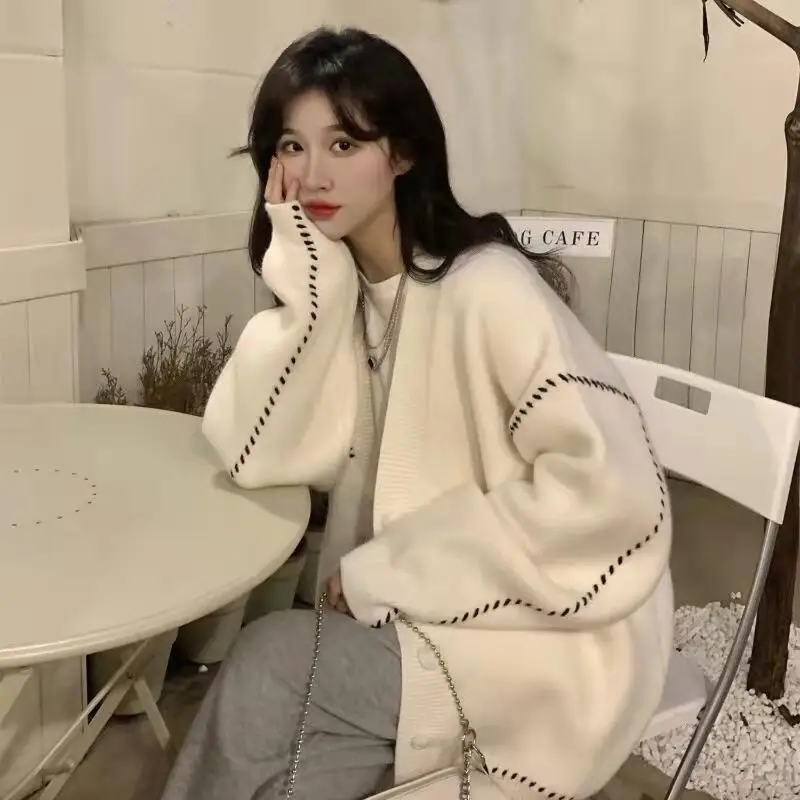 Women Sweaters Cardigan Knit V Neck Full Sleeve Jumpers Y2k Streetwear Elegant Knitted Casual Loose Coat Autumn Winter