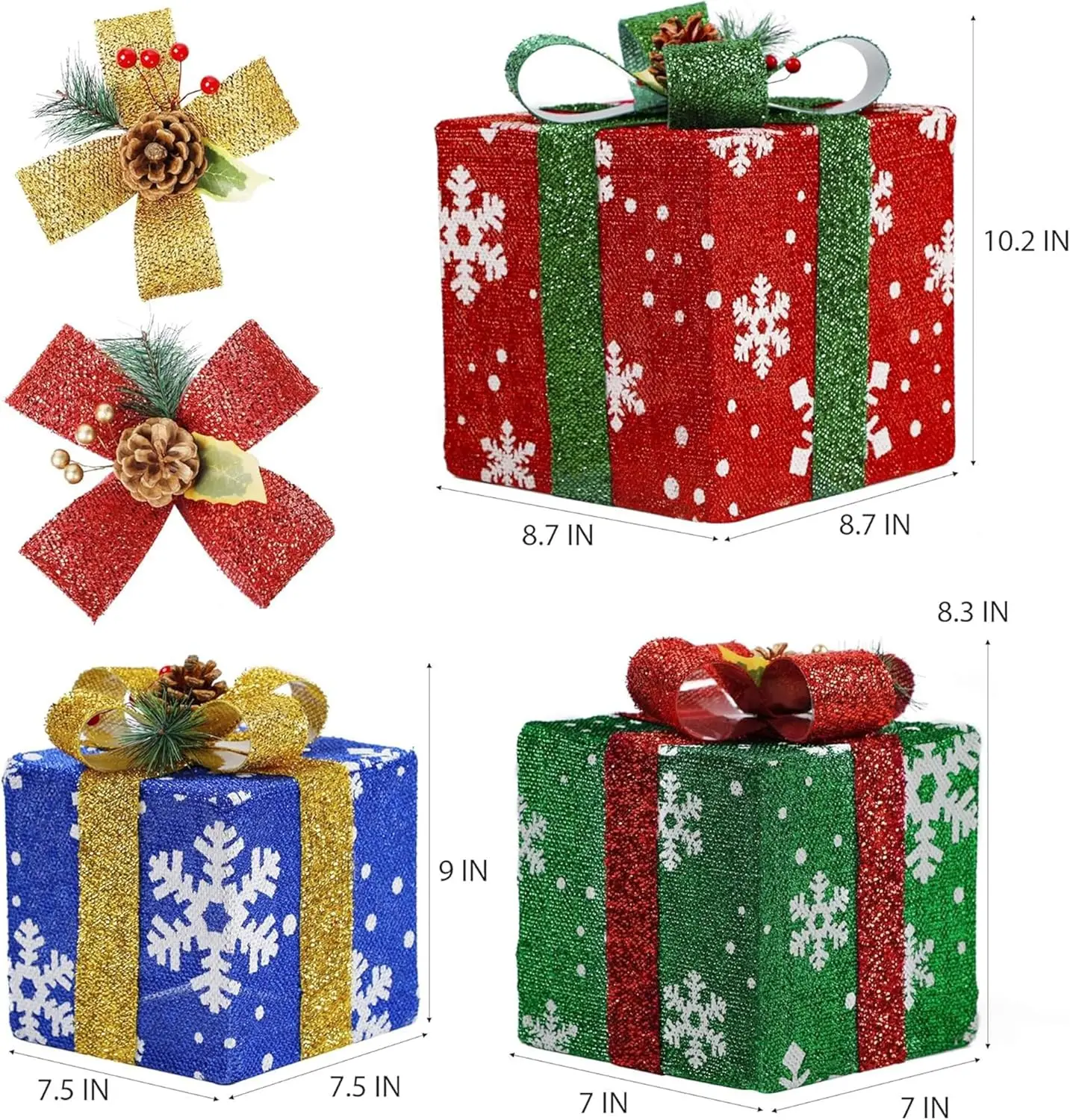 Set of 3 Lighted Gift Box Christmas Decorations – Snowflake-Design Present Boxes | Festive Holiday Home Accents for Mantel
