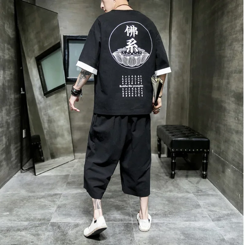 Винтажные комплекты с вышивкой и v-образным вырезом, топы и брюки с длинными рукавами, уличная одежда в китайском стиле, хлопковый свободный мужской костюм, повседневный комплект из 2 предметов 1 MN1